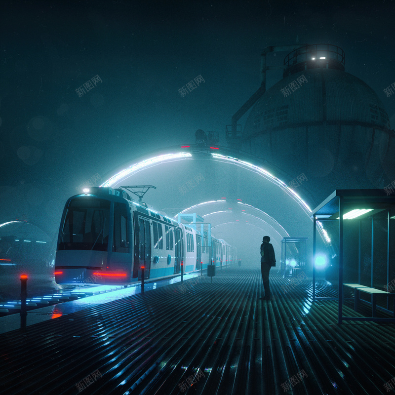蓝色未来车站jpg设计背景_新图网 https://ixintu.com 地铁站 悬浮列车 候车亭 科技