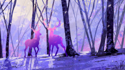 紫色落花森林里的小鹿高清图片
