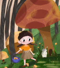 蘑菇小女孩采花朵的小姑娘高清图片