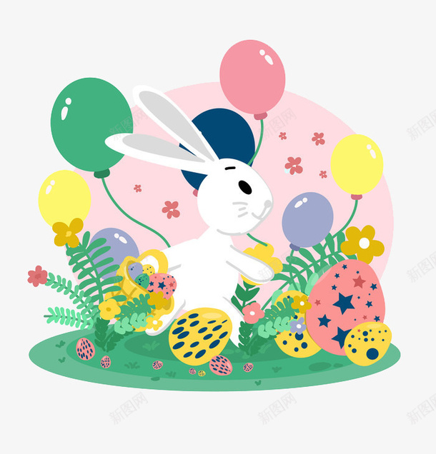 可爱的兔子玩气球png免抠素材_新图网 https://ixintu.com 气球 兔子 绿草 夏天