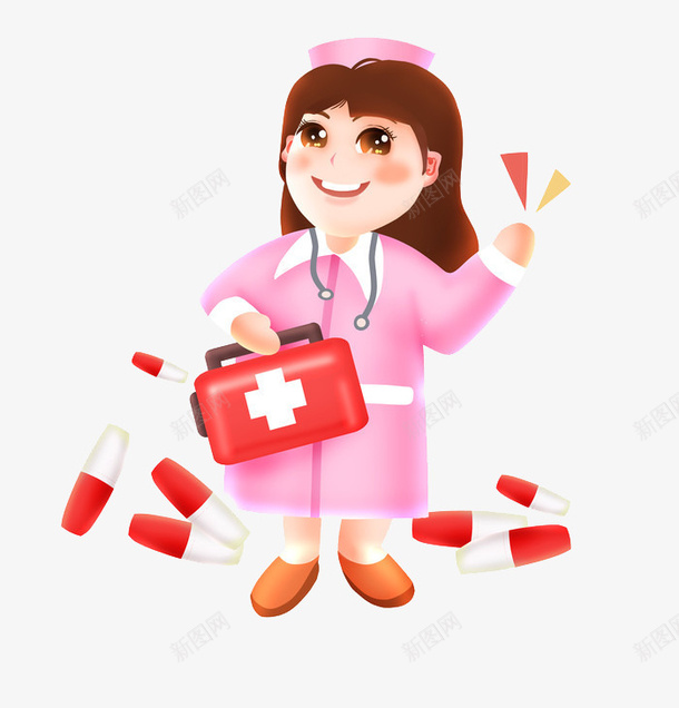 关爱病人的护士png免抠素材_新图网 https://ixintu.com 护士 护士节插画 爱心 胶囊 药箱