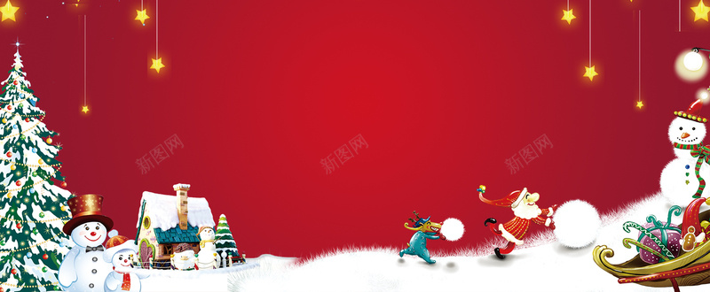 圣诞节堆雪人卡通简约红色banner背景
