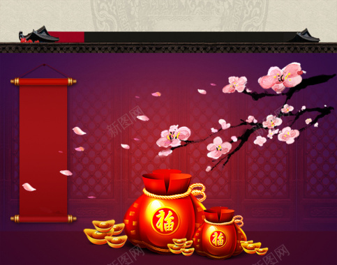 中国风春节古建筑下的福袋背景素材背景
