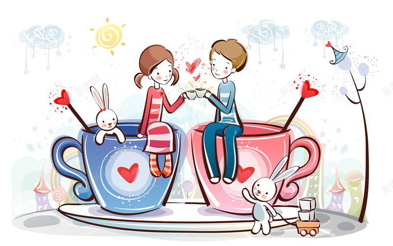 情人节海报jpg设计背景_新图网 https://ixintu.com 情侣兔子 卡通 手绘 白色 童趣