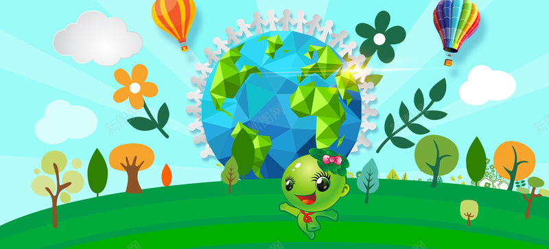 蓝天绿地气球卡通背景背景