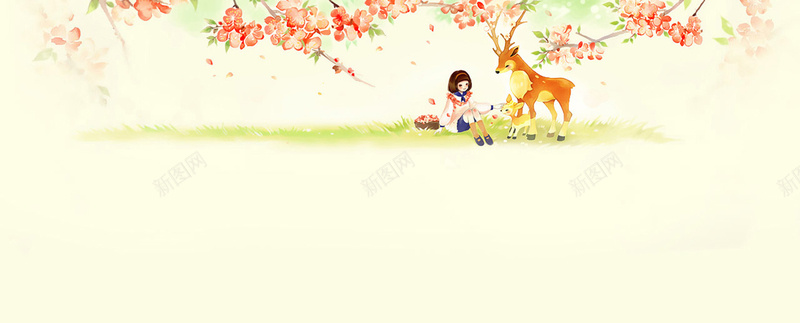 手绘卡通女孩与鹿背景背景