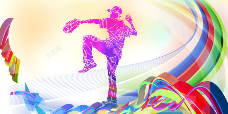 运动棒球人物剪影彩色线条海报背景背景