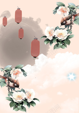 中国风美丽的山茶花与喜鹊背景素材背景