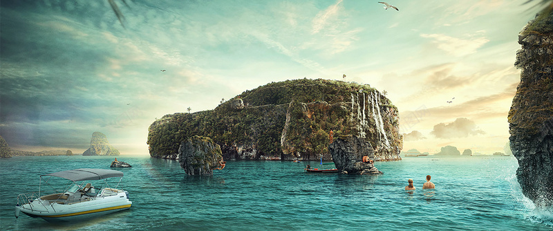 皮划艇PNG海洋喷泉游玩背景装饰背景