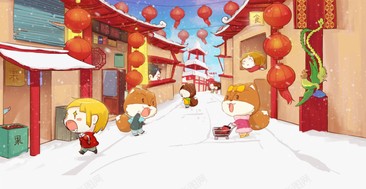 卡通新年街道松鼠背景素材背景