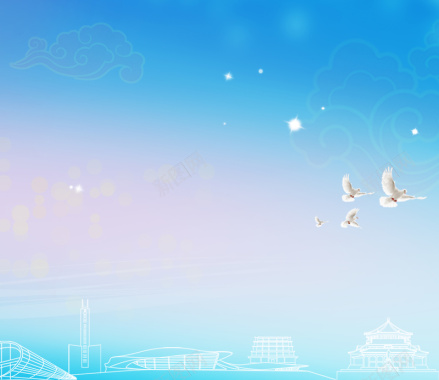 梦幻卡通线条建筑天坛蓝色背景素材背景