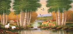 河边小屋装饰画油画风景高清图片