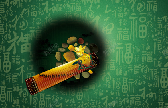 中国风绿色古典古筝文化背景素材背景