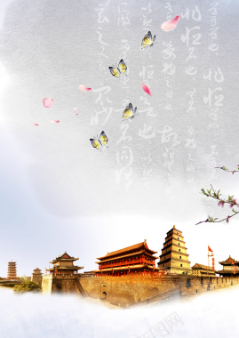 中国风蝴蝶围绕的中式建筑物背景素材背景