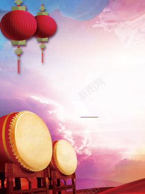 中国风擂鼓灯笼紫色背景素材背景