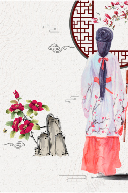 白色手绘中国风地产古典美女背景背景