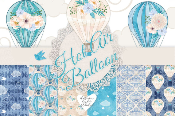蓝色热气球文艺手绘元素背景