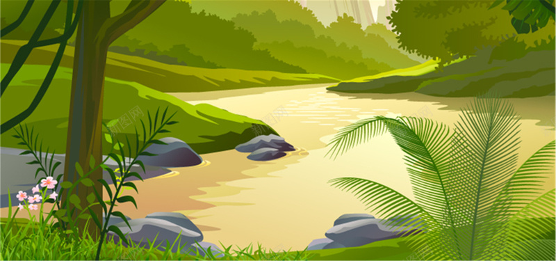 森林池塘背景jpg设计背景_新图网 https://ixintu.com 森林 灌木 石头 卡通 绿色 海报banner 童趣 手绘