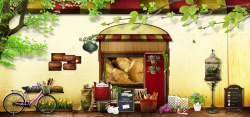复古画树叶墙淘宝复古面包店绿色多元素海报背景高清图片