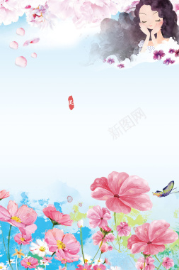 女生节浅蓝色手绘春季上新花卉背景背景