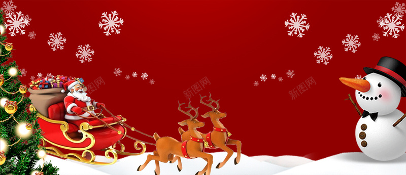 圣诞节拉雪橇卡通雪花红色banner背景