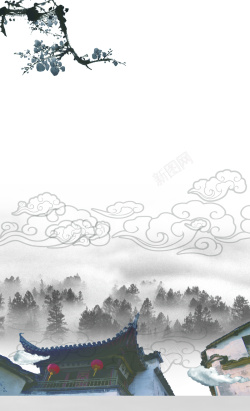 古建筑屋嵴中国风中式建筑水墨画海报背景素材高清图片