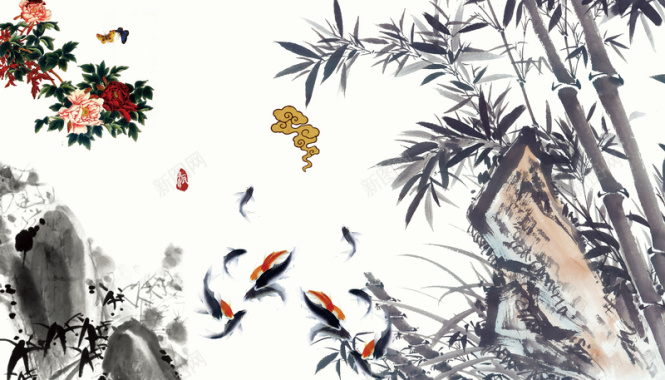 中国风水墨竹子与花朵背景素材背景