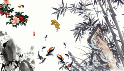 古印章中国风水墨竹子与花朵背景素材高清图片