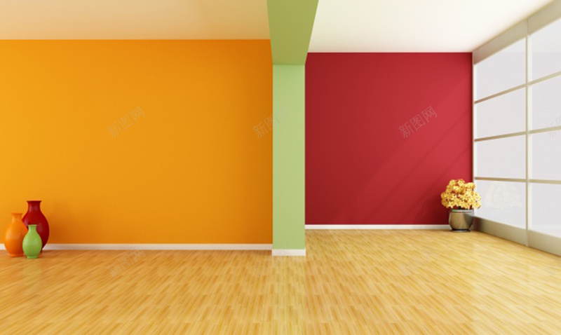 纯色对比家居背景jpg设计背景_新图网 https://ixintu.com 纯色 背景 对比 橙色 红色 背景墙 薄荷绿色 隔断 花瓶 落地窗