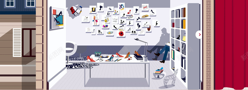 室内鞋店jpg设计背景_新图网 https://ixintu.com 鞋子 桌子 房子 窗帘 海报banner 卡通 童趣 手绘