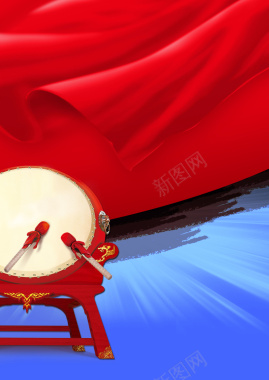 中国风擂鼓红绸红色背景素材背景