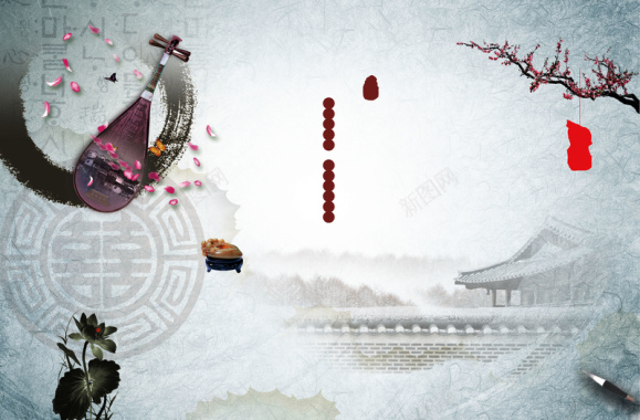 中国风琵琶花瓣灰色背景素材背景