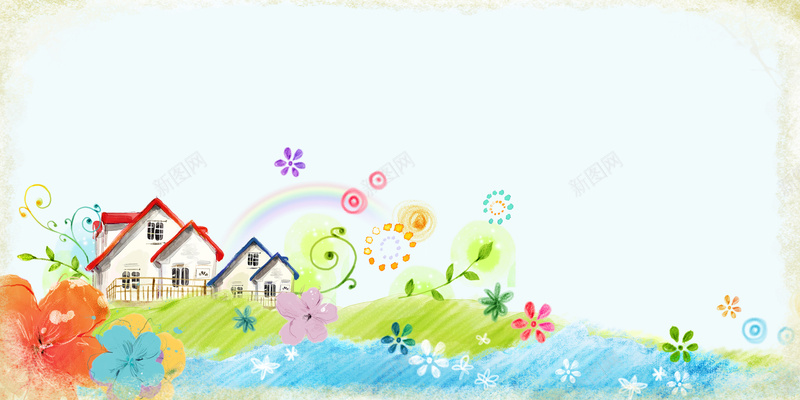 蓝色手绘房屋背景jpg设计背景_新图网 https://ixintu.com 建筑 绿叶 花朵 蓝色 藤蔓 房屋 草地 边框 水彩 卡通 童趣 手绘