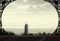 CAD中式花格中国风中式花格里的古塔背景素材高清图片