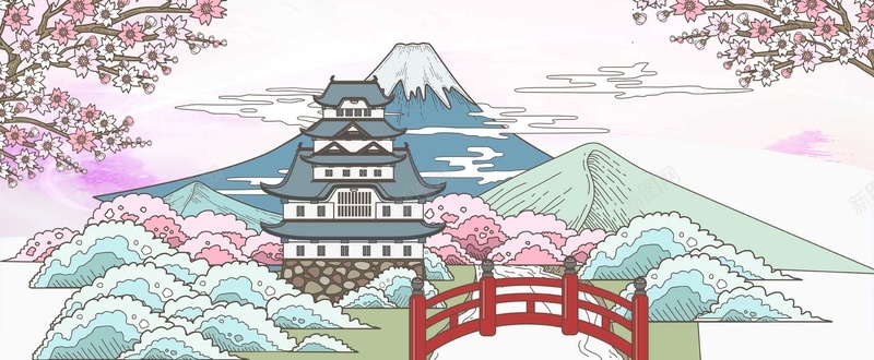 日本粉色手绘旅游富士山海报banner背景