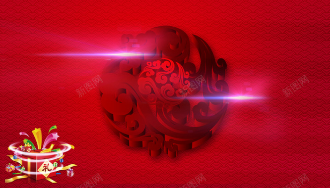 中国风祥云圆球礼物盒红色背景素材背景