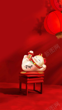 新年招财猫红色喜庆文艺海报背景