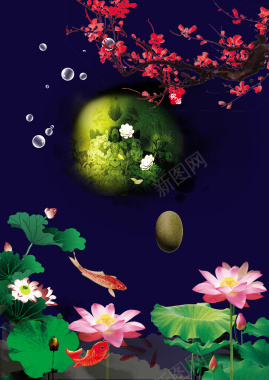 中国风美丽桃花瓣下的莲花池背景素材背景