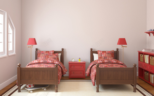 白色简洁双床儿童房装修效果背景素材背景