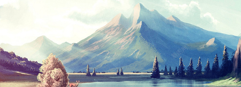 手绘唯美远山风景背景图jpg设计背景_新图网 https://ixintu.com 山川 树林 海报banner 卡通 童趣 手绘