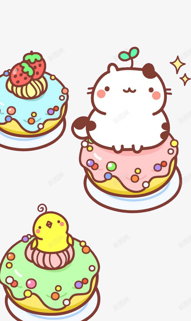 动物蛋糕psd免抠素材_新图网 https://ixintu.com 可爱猫咪 彩色 粉色 蓝色 小鸡