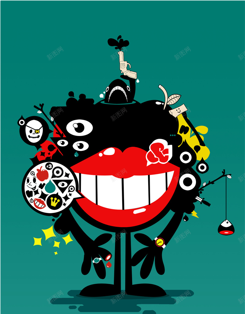 卡通时尚潮流海报psd设计背景_新图网 https://ixintu.com 时尚潮流 大嘴巴 创意海报 抽象概念 眼睛 骷髅 卡通 童趣 手绘