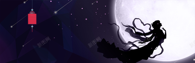 嫦娥文艺卡通圆月灯笼黑色背景背景