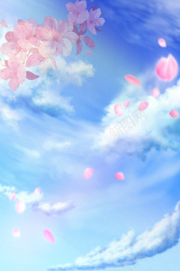 蓝色天空桃花飞舞海报背景素材背景