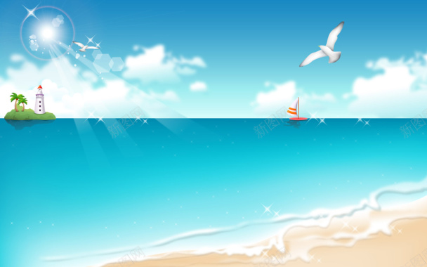 手绘卡通海滩风景平面广告背景
