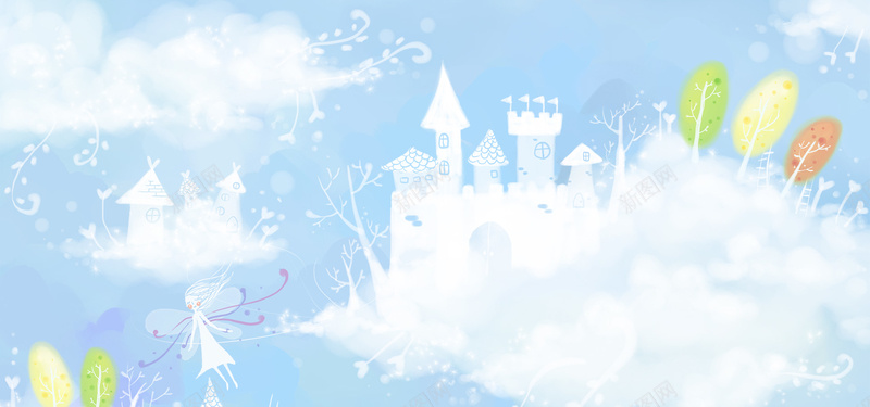 城堡树木梦幻插画背景背景