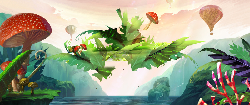 卡通清新梦幻动画蘑菇树叶背景banner背景
