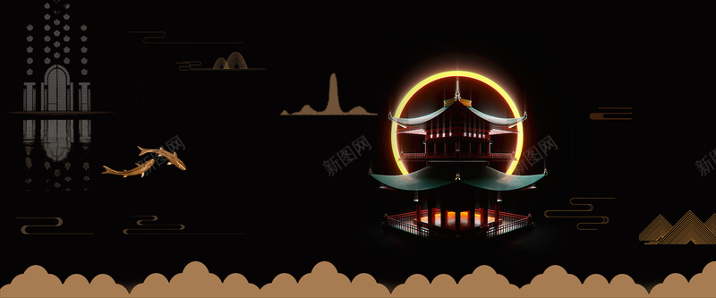 月下楼宇黑色简约bannerpsd设计背景_新图网 https://ixintu.com 云层 光环 塔楼 简约 黑色 山川 鲤鱼 祥云 文艺 扁平