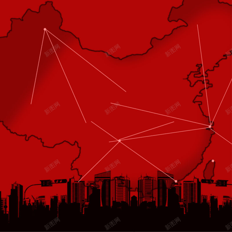 红色背景下的城市剪影jpg设计背景_新图网 https://ixintu.com 中国地图 城市剪影 红色背景 建筑 线条 黑色的城市 主图背景 淘宝背景