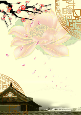 中国风美丽桃花下的建筑背景素材背景